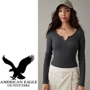 American Eagle AE Long Sleeve Notch Neck Bodysuit Top Shirt Size XXL Gray NWT